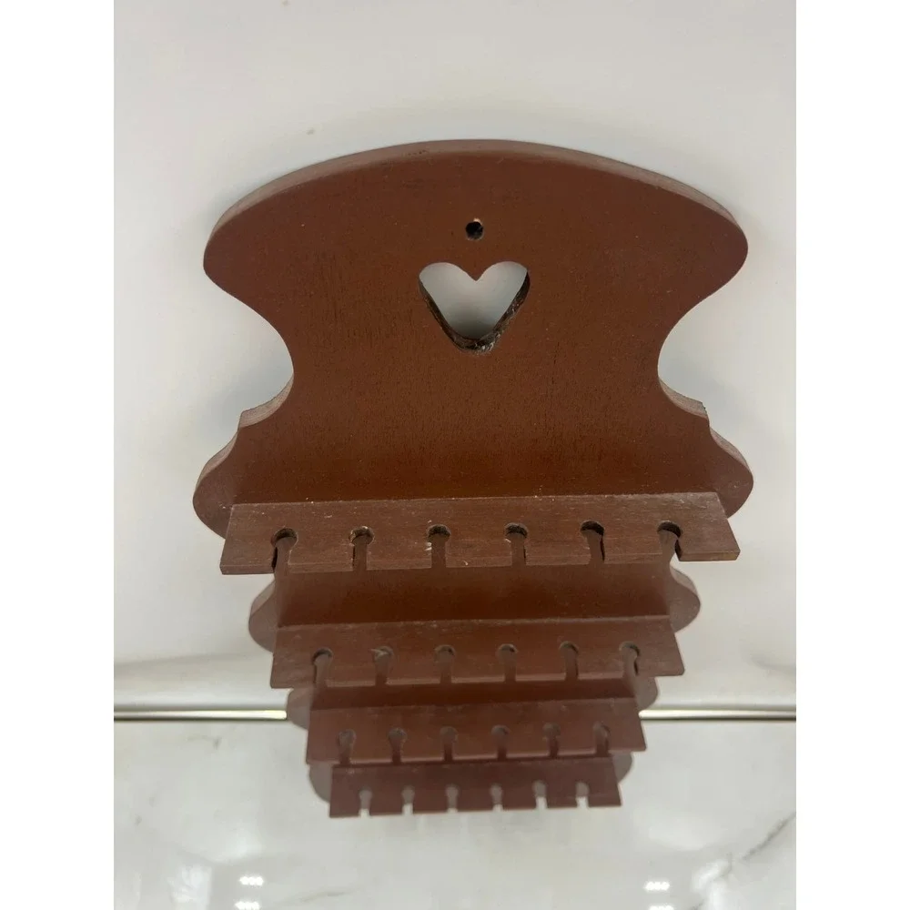 Vintage Wooden Spoon Rack Wall Hanging Display Heart Cutout Scalloped Brown